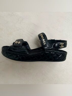 CHANEL Black Quilted Leather Platform Slingback Sandals with Gold CC